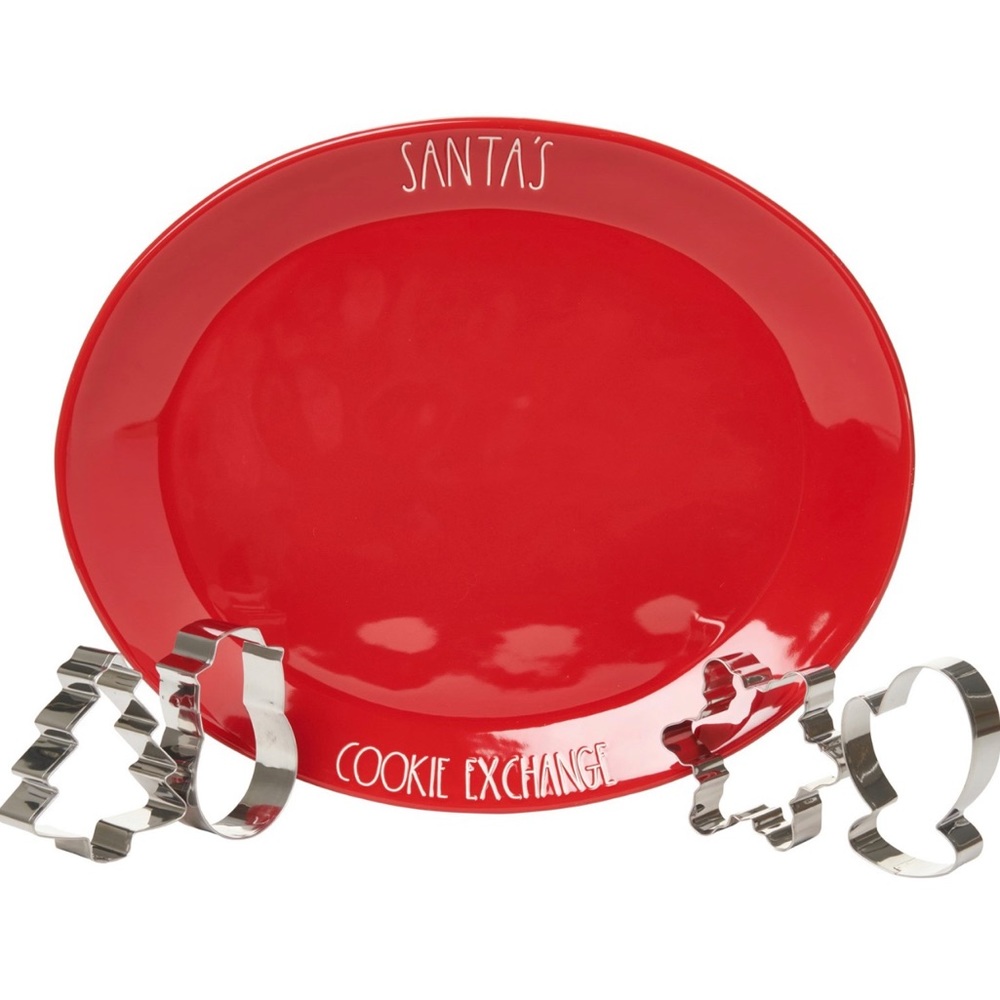 Rae Dunn Santa's Cookie Exchange Platter with 4 steel cookie cutters